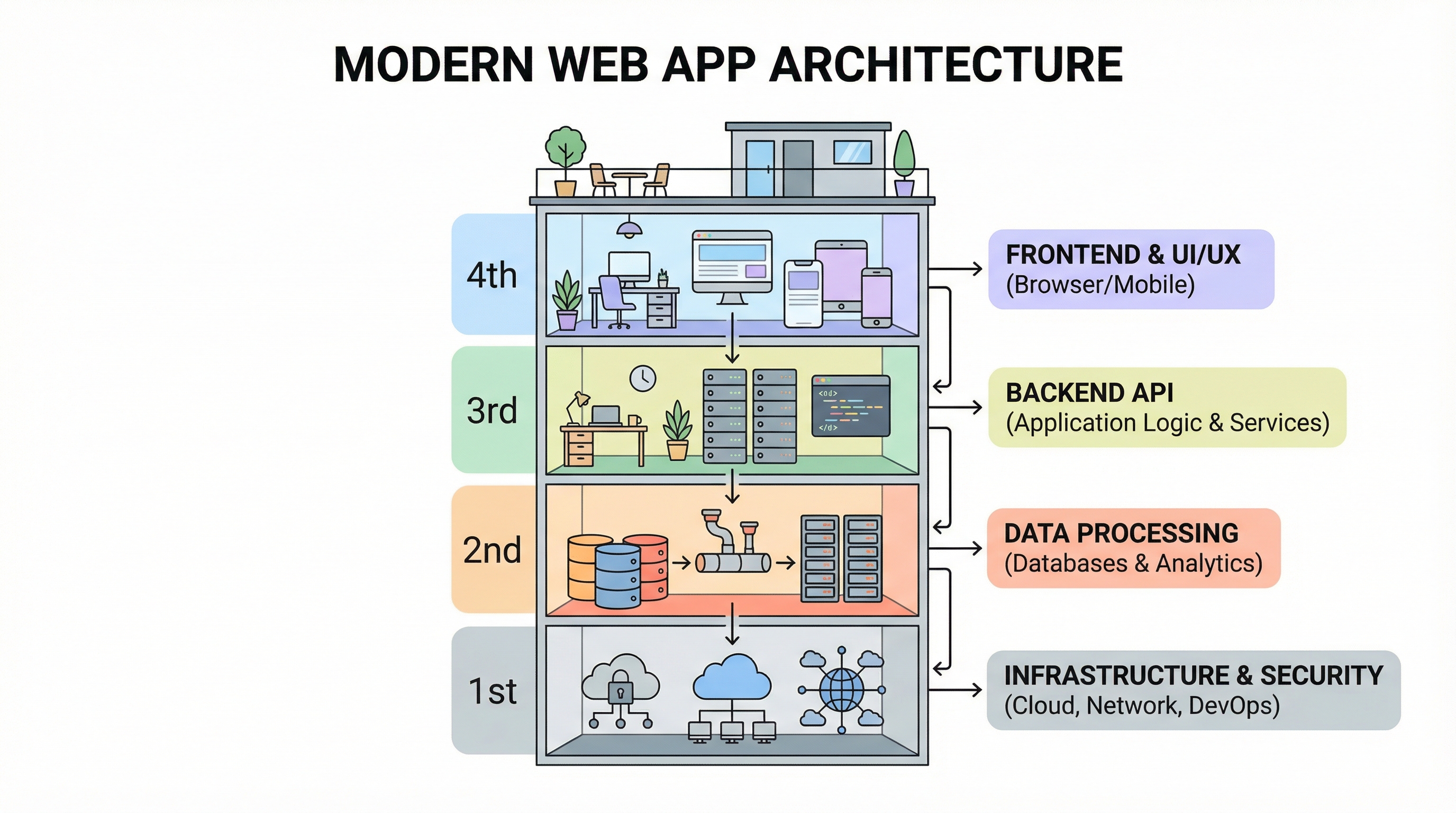 A layered architectural diagram of a modern web app shown as a cross-section of