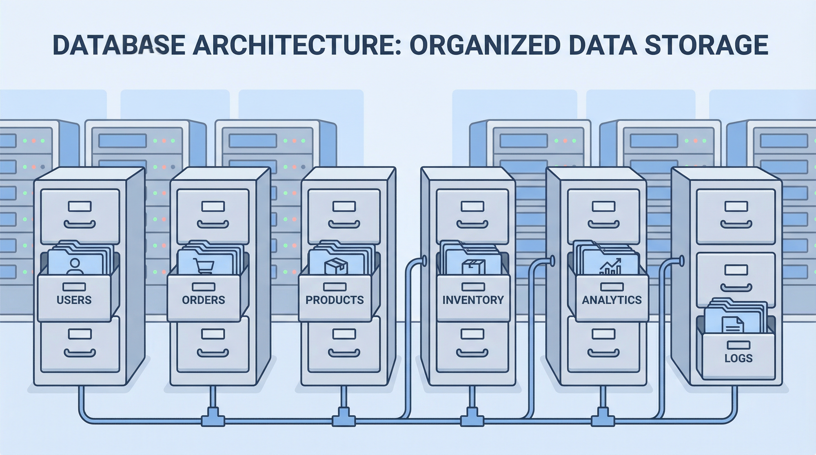 A clean infographic-style illustration of a database as a set of organized filin