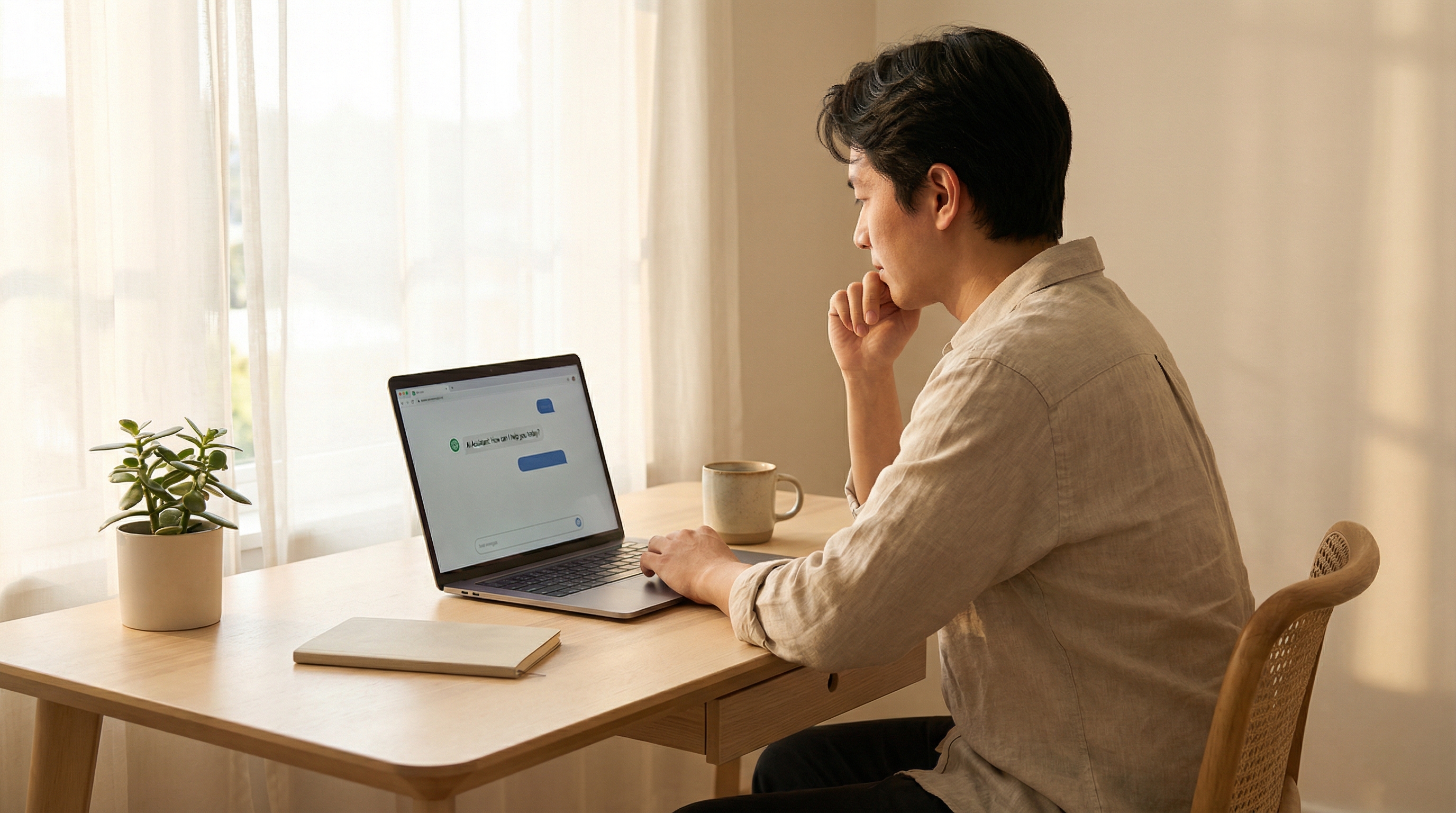 A person sitting at a minimalist home office desk, laptop open showing a chat in