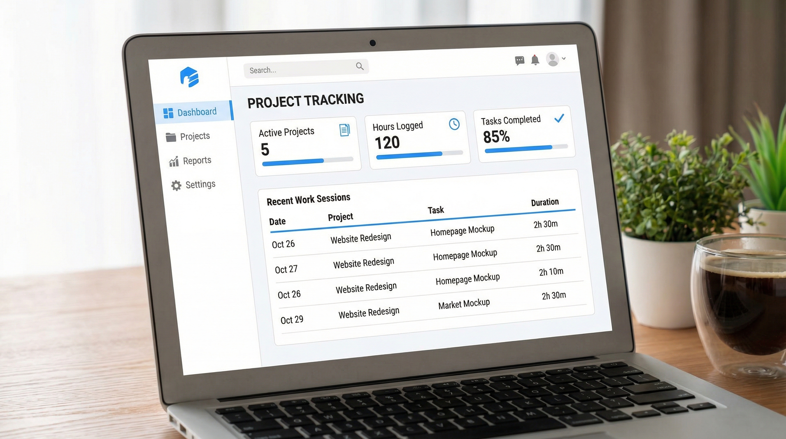A clean web application dashboard interface on a laptop screen, showing project