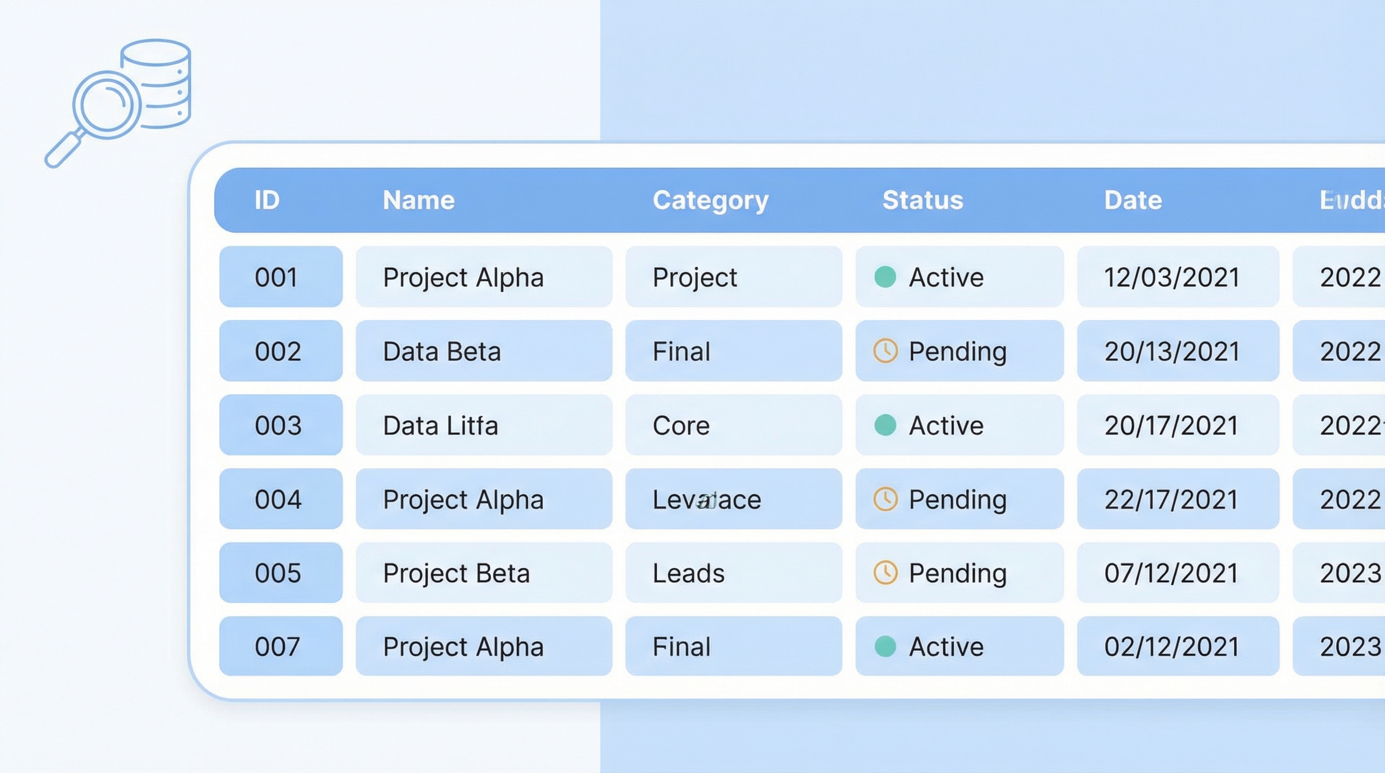 A clean spreadsheet-like table visualization showing database rows and columns,