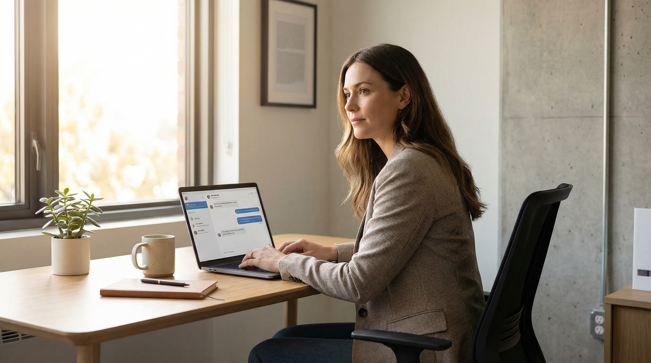 A professional at a clean modern desk, laptop open with a chat interface on scre