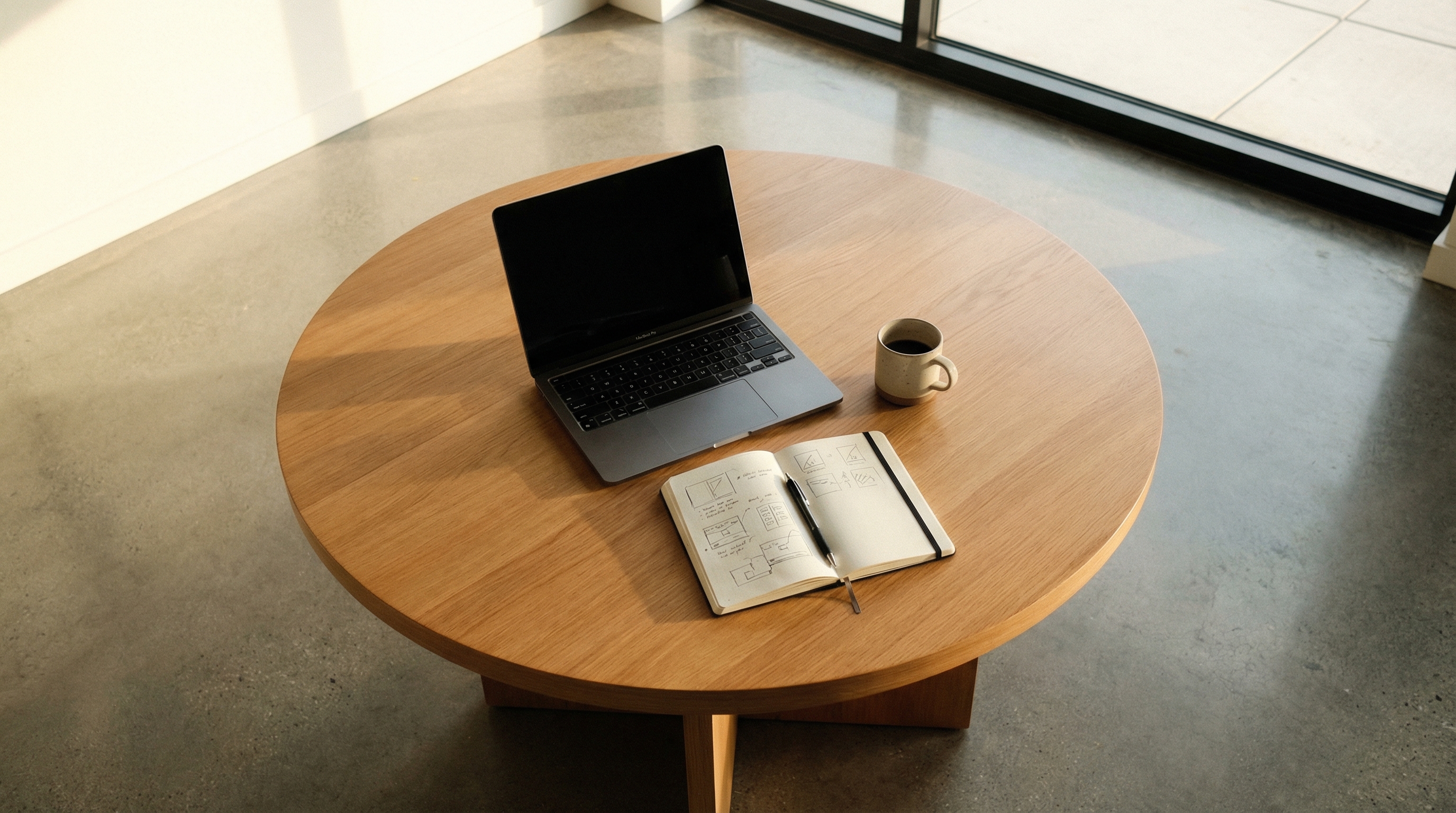 Overhead view of a meeting table with a laptop, notebook, and coffee cup, clean